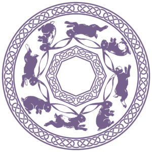Illustration eight connected rabbits running in a circle, with celtic knotwork borders, all in purple