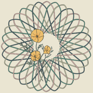 Digital illustration of a spirograph-esque design with California poppy flowers woven into it. The color scheme is a warm, muted, pastel.